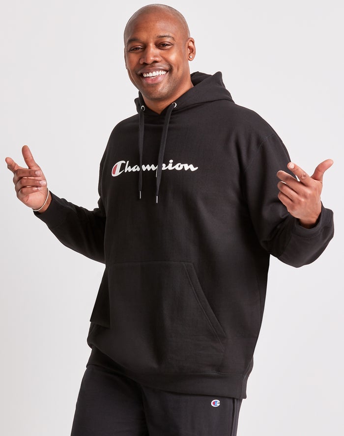 Champion Mens Hoodie NZ - Big & Tall Fleece Script Logo Black ( 2096-TMKNH )